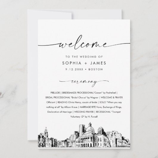 Boston Skyline Wedding Program 12x18 Flat Card Einladung (Vorderseite)