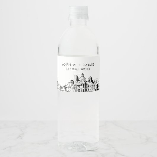 Boston Skyline Wedding Wasserflaschenetikett (Vorderseite)