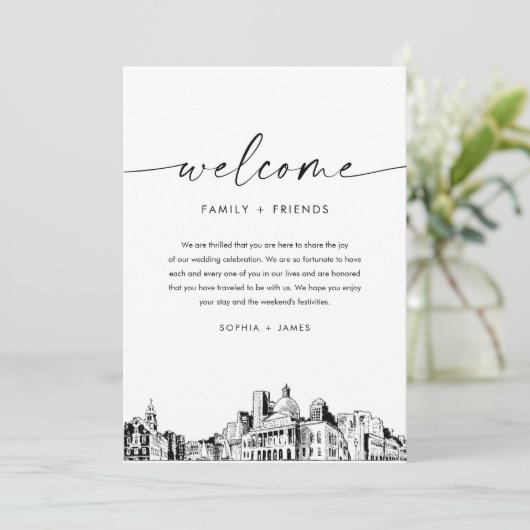 Boston Skyline Wedding Welcome Letter & Timeline Einladung (Stehend Vorderseite)