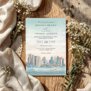 Boston Skyline Ziel Elegante QR-Code-Hochzeit Einladung