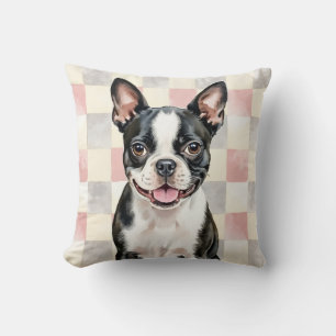 Boston Terrier Aquarell Schachbrettmuster Kunst Kissen