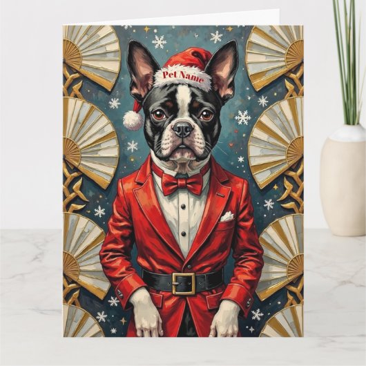 Boston Terrier Art Deco Christmas Tuxedo Hat Karte (Vorderseite)