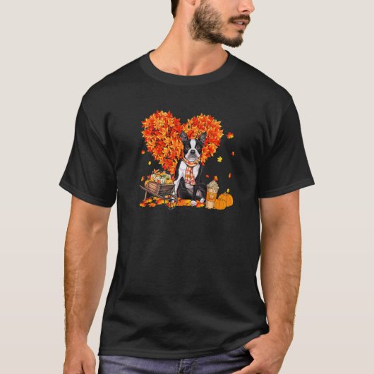 Boston Terrier Autumn Tree Fall Leaves Pumpkin Dog T-Shirt (Vorderseite)