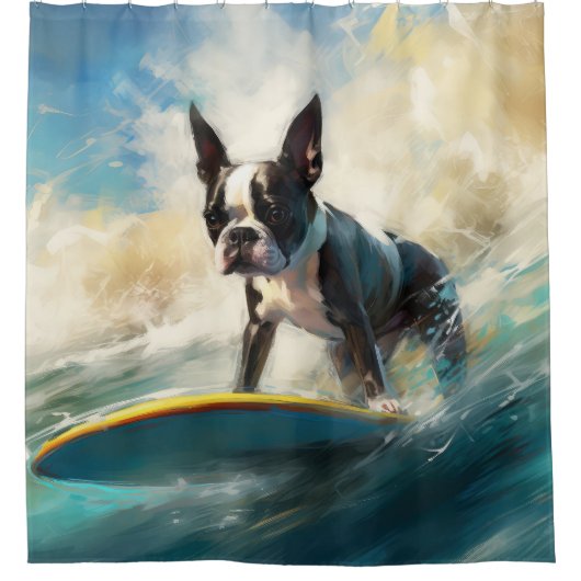 Boston Terrier Beach Surfainting Duschvorhang (Vorderseite)