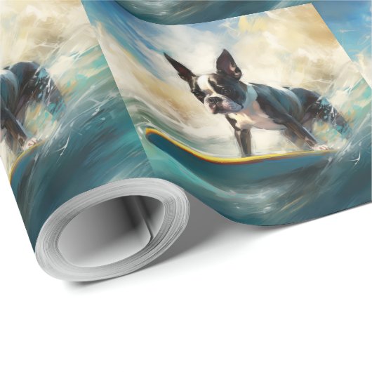 Boston Terrier Beach Surfainting Geschenkpapier (Rolleneckpunkt)