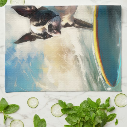 Boston Terrier Beach Surfainting Geschirrtuch (Gefaltet)