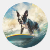 Boston Terrier Beach Surfainting Runder Aufkleber (Vorderseite)