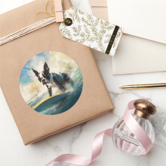 Boston Terrier Beach Surfainting Runder Aufkleber (Schenken)