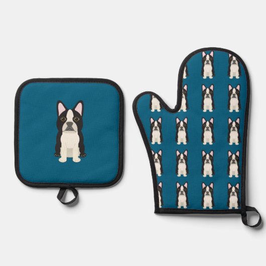 Boston Terrier blau Ofenhandschuh & Topflappen-Set (Vorderseite)