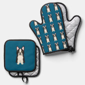 Boston Terrier blau Ofenhandschuh & Topflappen-Set (Vorderseite/Rückseite)