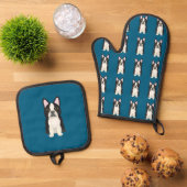 Boston Terrier blau Ofenhandschuh & Topflappen-Set (Oben Unten)