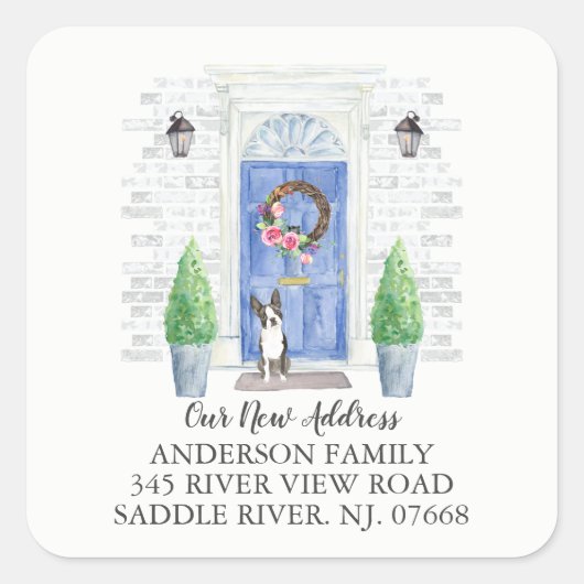 Boston Terrier Blue Dose New Address Label Aufkleb Quadratischer Aufkleber (Vorderseite)