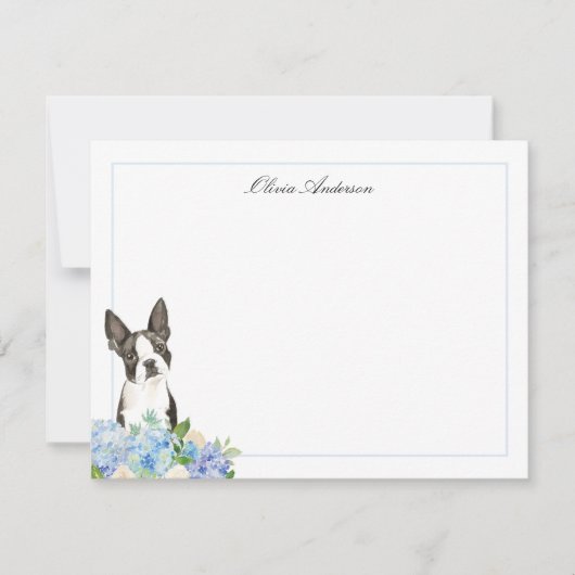 Boston Terrier Blue Hydrangea Personalisiert Mitteilungskarte (Vorderseite)