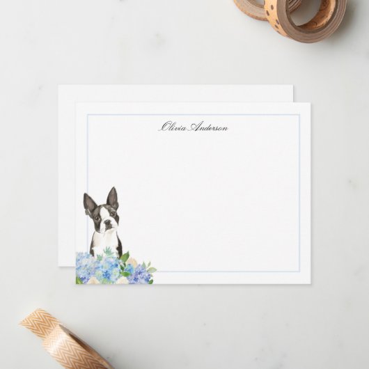 Boston Terrier Blue Hydrangea Personalisiert Mitteilungskarte (Vorderseite/Rückseite Beispiel)