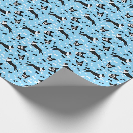 Boston Terrier Bosties Blue Pattern dog Geschenkpapier (Ecke)