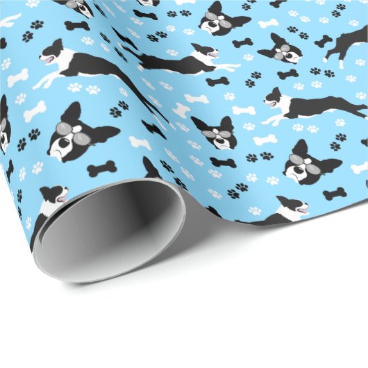 Boston Terrier Bosties Blue Pattern dog Geschenkpapier (Rolleneckpunkt)