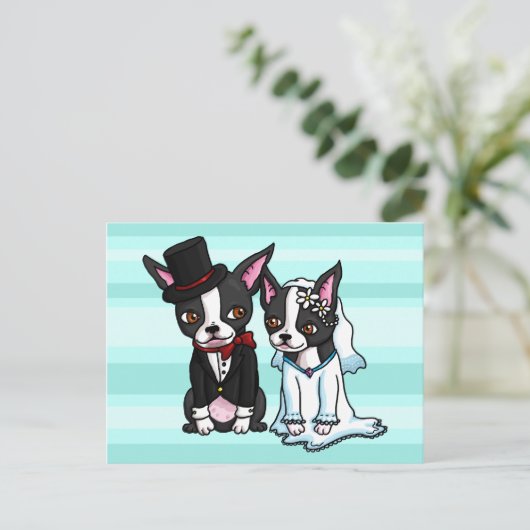 Boston Terrier Bride und Groom Postkarte (Stehend Vorderseite)