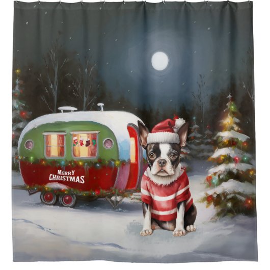 Boston Terrier Caravan Christmas Adventure Duschvorhang (Vorderseite)