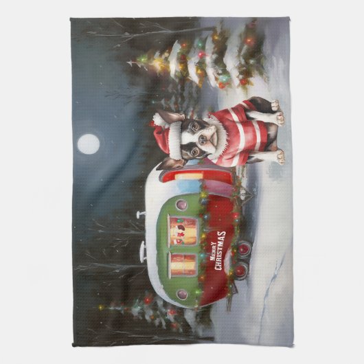 Boston Terrier Caravan Christmas Adventure Geschirrtuch (Vertikal)
