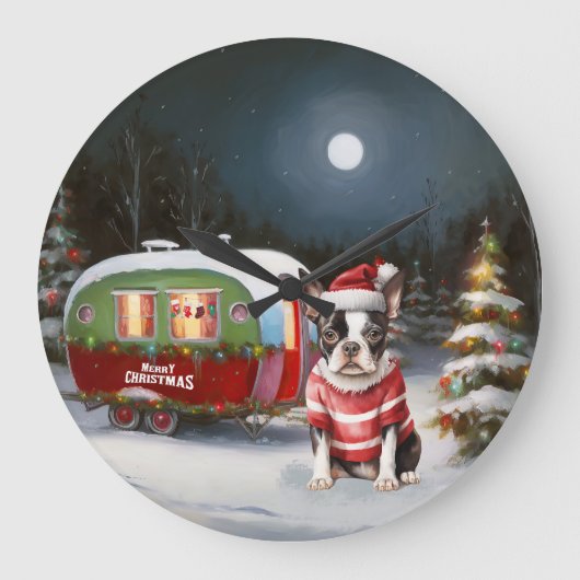 Boston Terrier Caravan Christmas Adventure Große Wanduhr (Vorderseite)