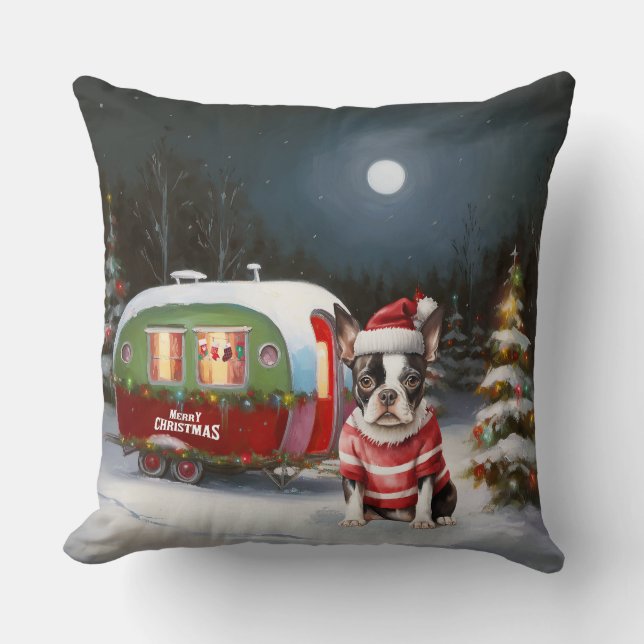 Boston Terrier Caravan Christmas Adventure Kissen (Vorderseite)