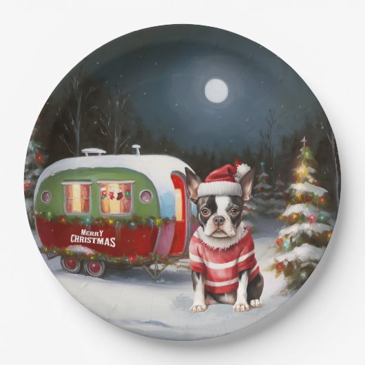 Boston Terrier Caravan Christmas Adventure Pappteller (Vorderseite)