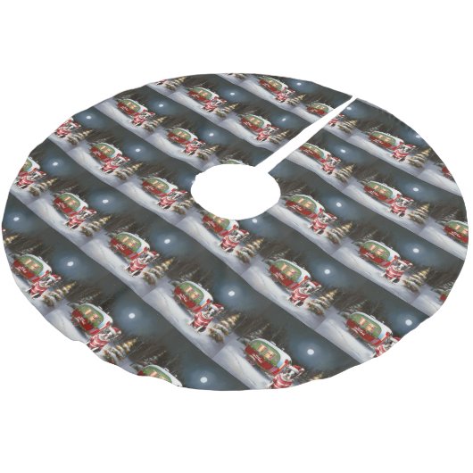 Boston Terrier Caravan Christmas Adventure Polyester Weihnachtsbaumdecke (Schrägansicht)