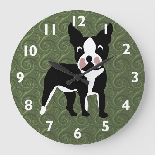 Boston Terrier Cartoon Große Wanduhr (Vorderseite)