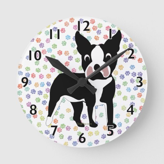 Boston Terrier Cartoon Runde Wanduhr (Vorderseite)