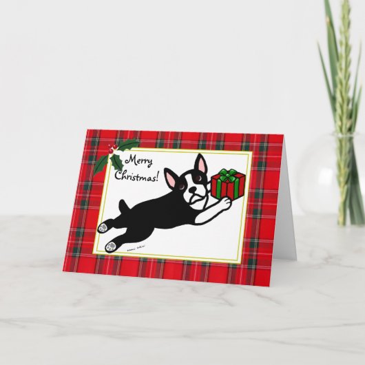 Boston Terrier Cartoon Tartan Weihnachtskarten Feiertagskarte (Vorderseite)