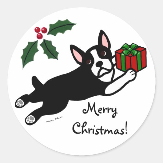 Boston Terrier Christmas 2 Cartoon Runder Aufkleber (Vorderseite)