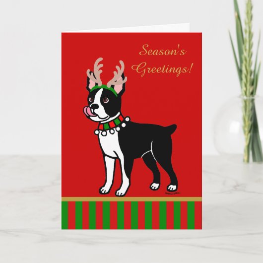 Boston Terrier Christmas Antlers Feiertagskarte (Vorderseite)