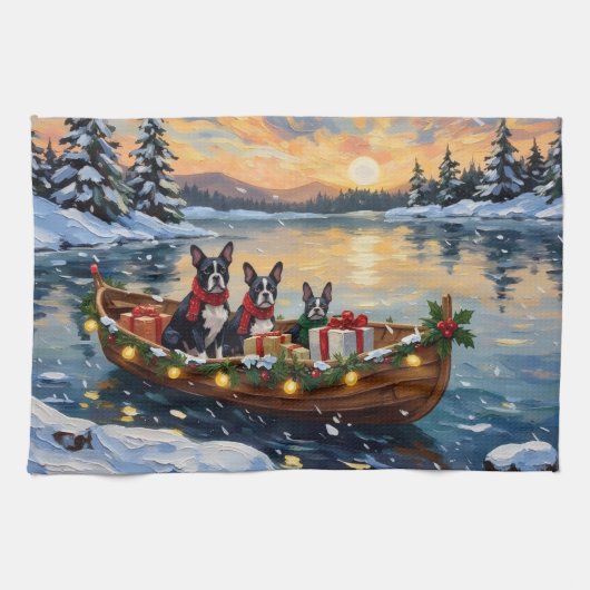 Boston Terrier Christmas Boat Holiday Geschirrtuch (Horizontal)