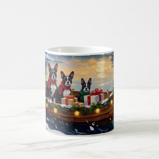 Boston Terrier Christmas Boat Holiday Kaffeetasse (Mittel)