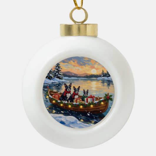 Boston Terrier Christmas Boat Holiday Keramik Kugel-Ornament (Vorderseite)