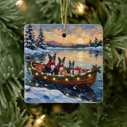 Boston Terrier Christmas Boat Holiday Keramikornament (Baum)