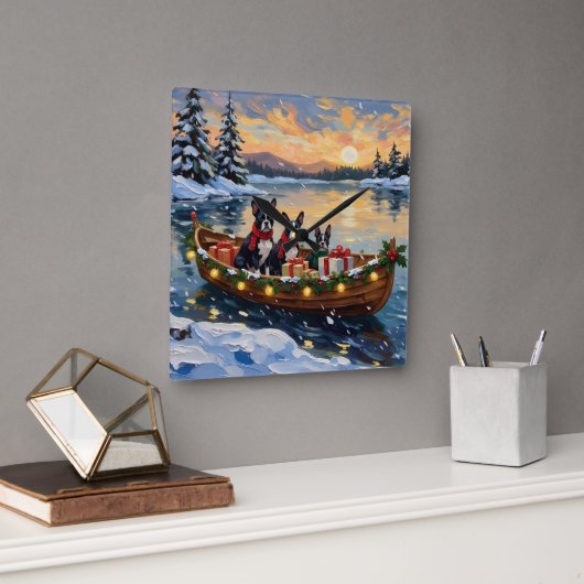 Boston Terrier Christmas Boat Holiday Quadratische Wanduhr (Büro)
