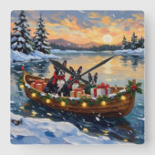 Boston Terrier Christmas Boat Holiday Quadratische Wanduhr (Vorderseite)