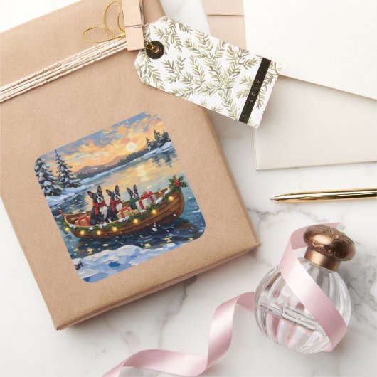 Boston Terrier Christmas Boat Holiday Quadratischer Aufkleber (Schenken)