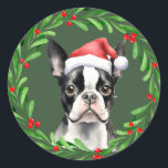 Boston Terrier Christmas Dog Puppy Mailing Runder Aufkleber<br><div class="desc">Weihnachtsaufkleber mit Aquarell Boston Terrier und Aquarellwein Weihnachtskranz auf der Vorderseite. Perfekt mit der Boston Terrier Weihnachtskarte und dem Versand von Rücksendeadressen-Aufklebern!</div>