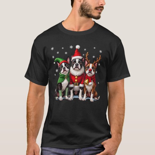 Boston Terrier Christmas Dogs Funny Santa Reindeer T-Shirt (Vorderseite)