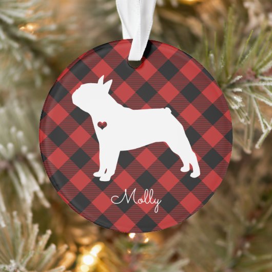Boston Terrier Christmas Kariert Dog Name Foto Ornament (Baum)