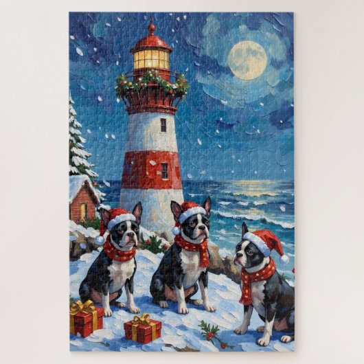 Boston Terrier Christmas Lighthouse Holiday Puzzle (Vertikal)