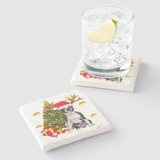 Boston Terrier Christmas Lights Tree Santa Xmas Pa Steinuntersetzer (Seitenansicht)