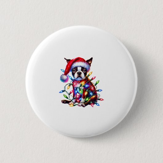Boston Terrier Christmas Lights Weihnachtsmannmütz Button (Vorderseite)