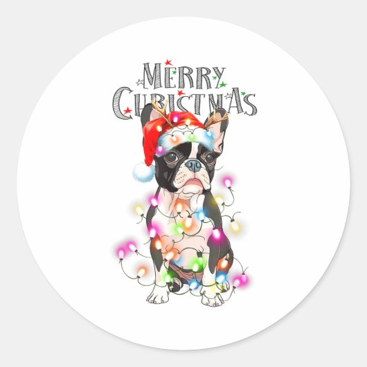 Boston Terrier Christmas Lights Xmas Dog Runder Aufkleber (Vorderseite)