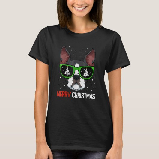 Boston Terrier Christmas Pajama Dog Sonnenbrille X T-Shirt (Vorderseite)