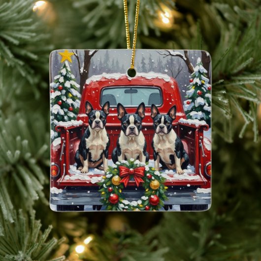 Boston Terrier Christmas Red Truck Holiday Keramikornament (Baum)