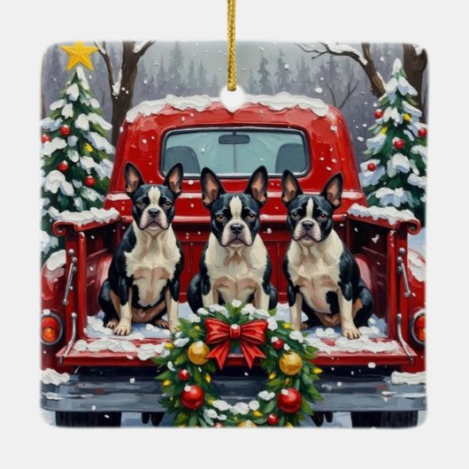 Boston Terrier Christmas Red Truck Holiday Keramikornament (Rückseite)