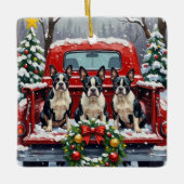 Boston Terrier Christmas Red Truck Holiday Keramikornament (Vorderseite)